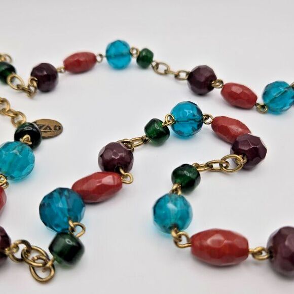 Zad Muted Multicolor Glass Beads on Long Gold Tone Oval Link Chain Necklace - Picture 2 of 4